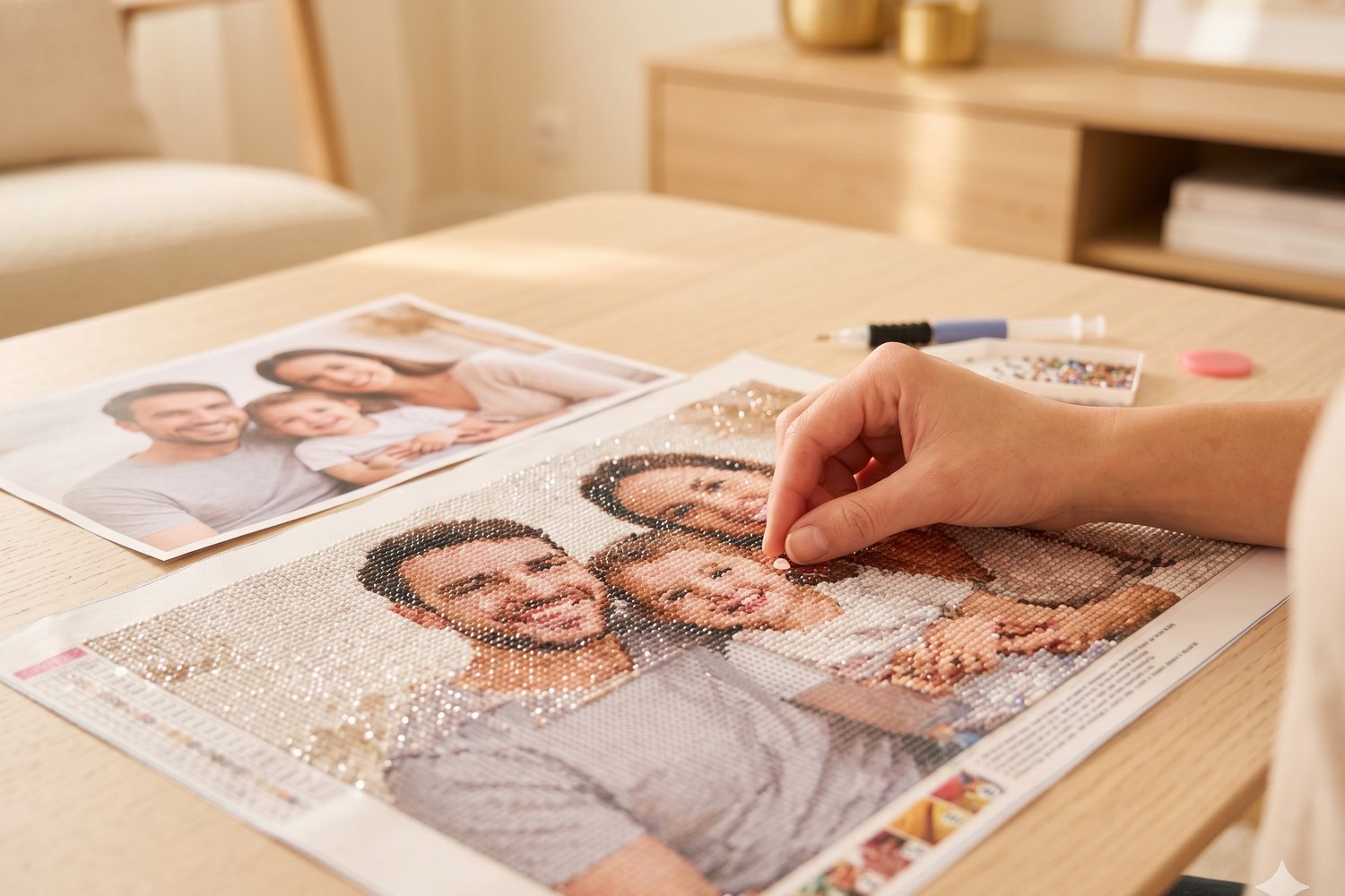 Portrait de famille en diamond painting, avec la photo originale posée à côté