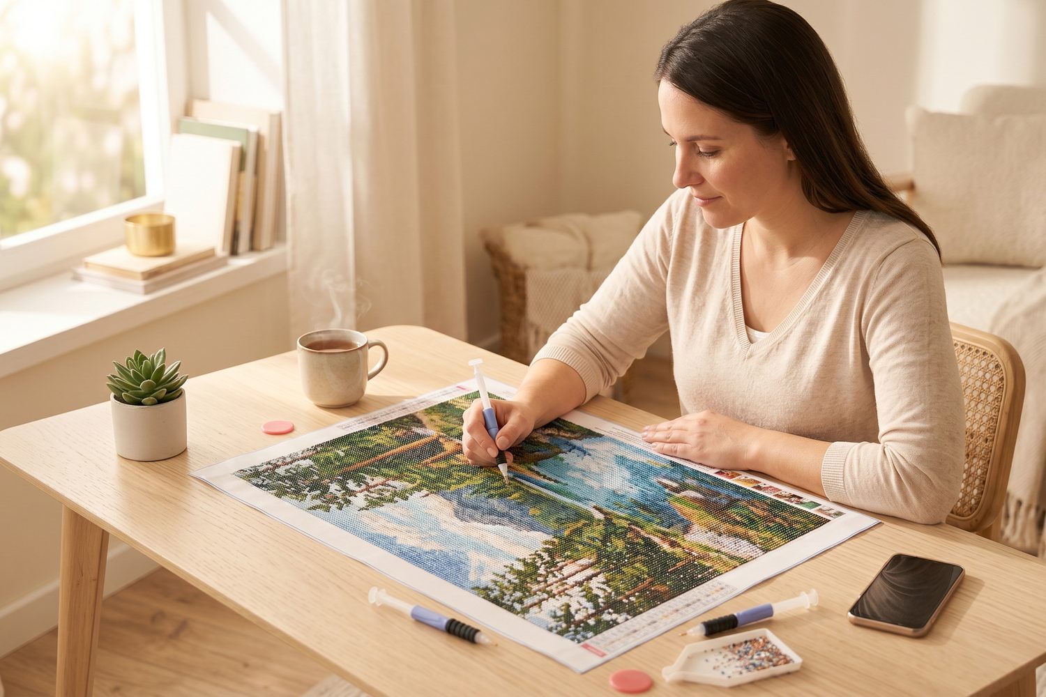 Femme réalisant un diamond painting dans une ambiance cosy, tasse de thé